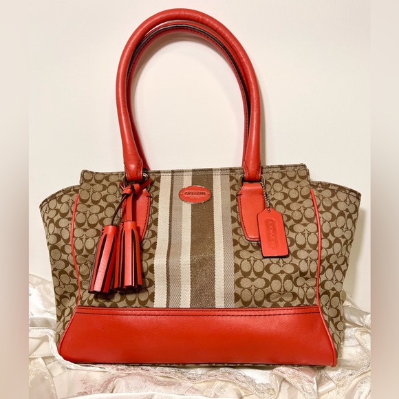 Coach Signature Legacy Stripe Canvas/ Leather Carry All Tote - Picture 1 of 10